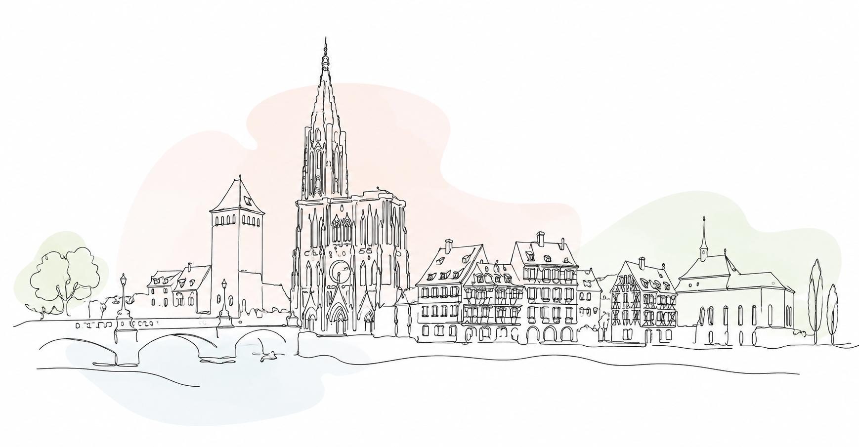 Illustration au trait de Strasbourg, avec sa cathédrale